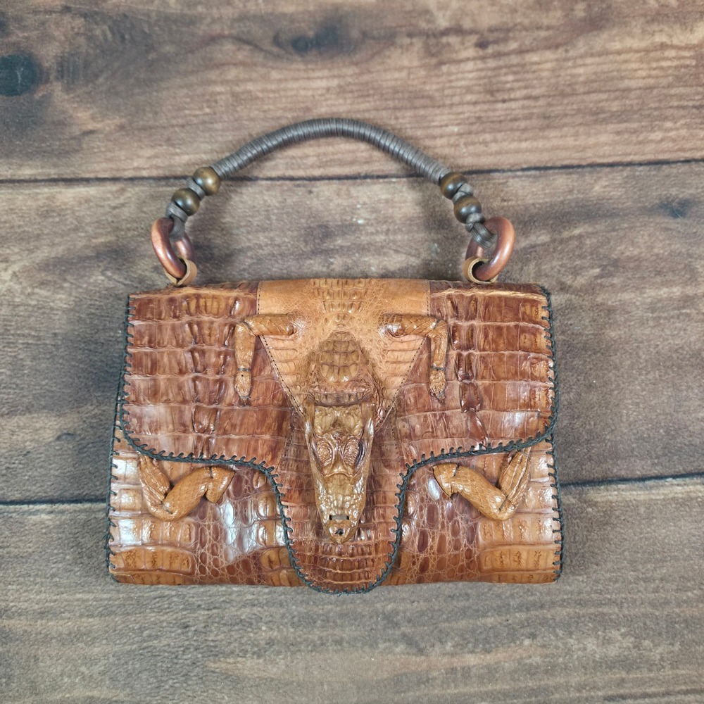 Vintage Alligator Skin Handbag Womens Small Brown Good Full Head Claw Taxidermy